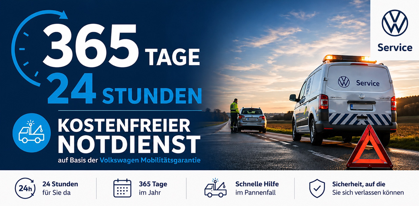 Wolkenhauer 24 Stunden / 365 Tage im Jahr kostenfreier Notdienst auf Basis der Volkswagen Mobilitätsgarantie