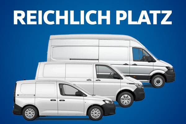 Drei VW Transportfahrzeuge in unterschiedlichen Größen mit der Beschriftung: Reichlich Platz