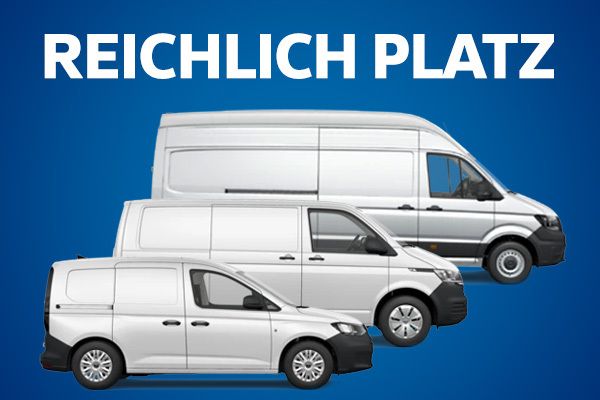 Drei VW Transportfahrzeuge in unterschiedlichen Größen mit der Beschriftung: Reichlich Platz